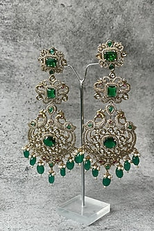 Black Rhodium Finish Zircon & Green Stone Beaded Long Earrings