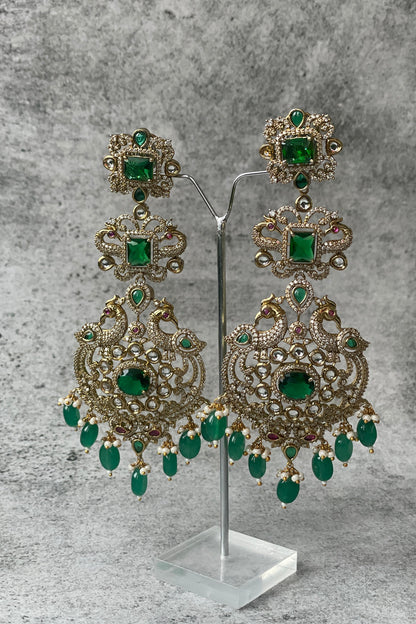 Black Rhodium Finish Zircon & Green Stone Beaded Long Earrings