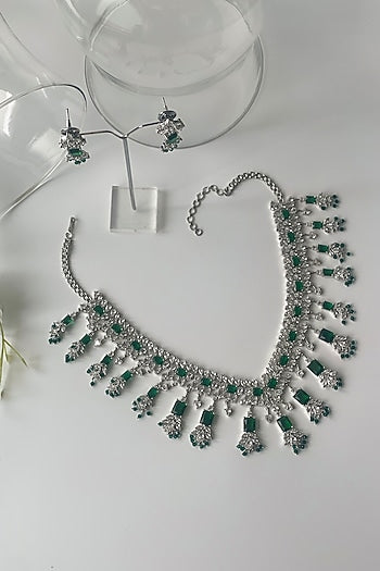 White Finish Zircon & Green Stone Necklace Set
