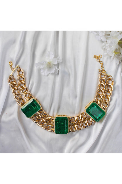 Gold Finish Emerald Synthetic Stone Doublet Long Necklace