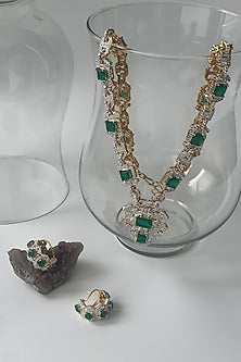 Gold Finish Zircon & Green Stone Long Necklace Set