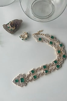 Gold Finish Zircon & Green Stone Long Necklace Set
