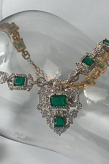 Gold Finish Zircon & Green Stone Long Necklace Set