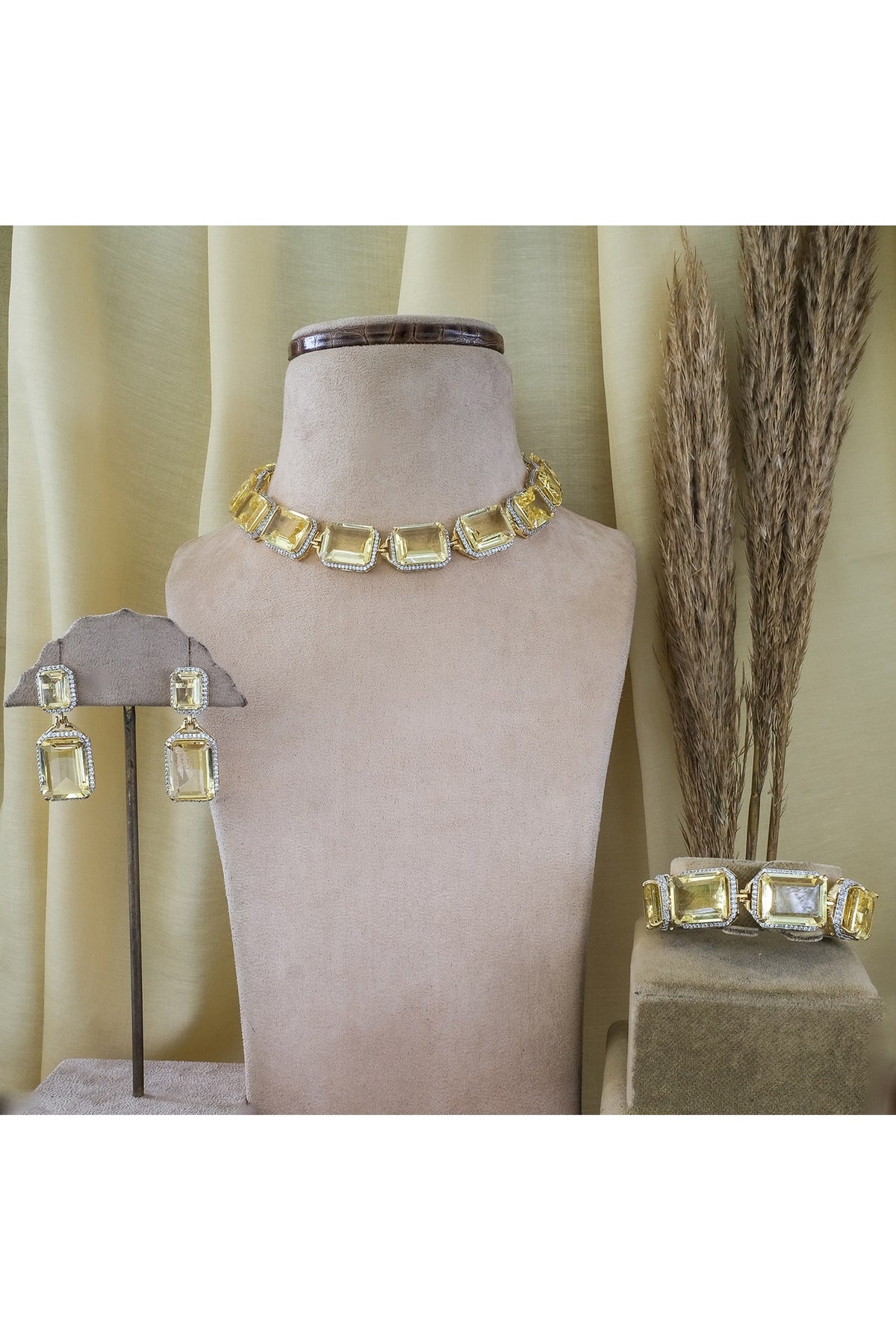 White Finish Yellow Zircon Choker Necklace Set