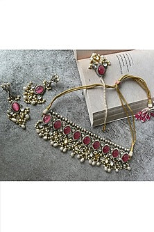 Gold Finish Pink Kundan Polki & Pearl Choker Necklace Set
