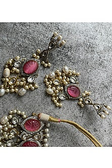 Gold Finish Pink Kundan Polki & Pearl Choker Necklace Set