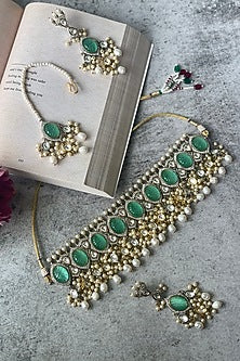 Gold Finish Blue Kundan Polki & Pearl Choker Necklace Set
