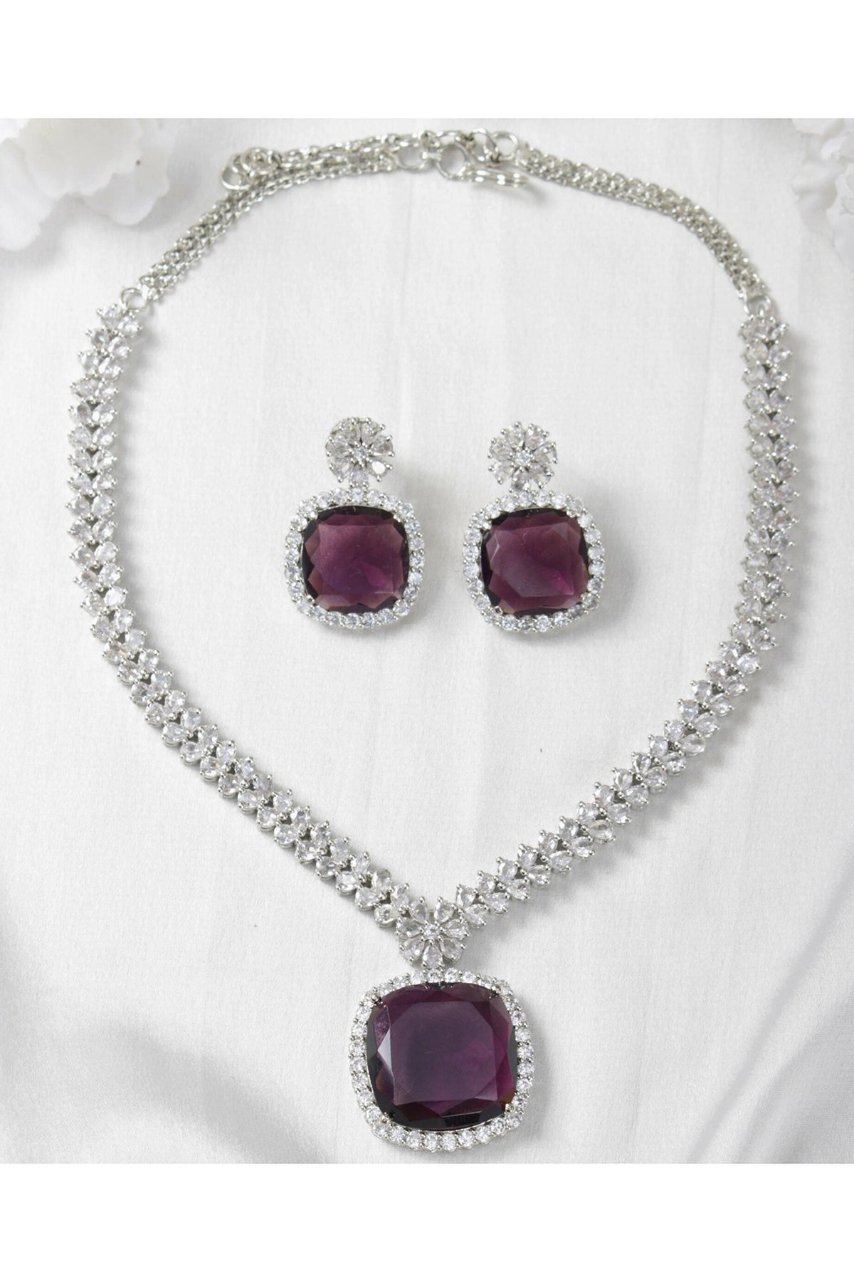 White Finish Zircon Long Necklace Set