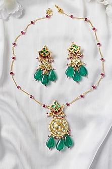 Gold Finish Stone Drop & Kundan Polki Long Necklace Set