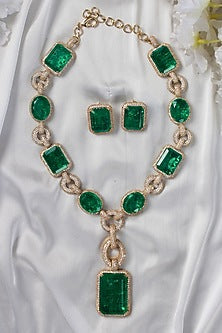 Gold Finish Zircon & Emerald Stone Long Necklace Set