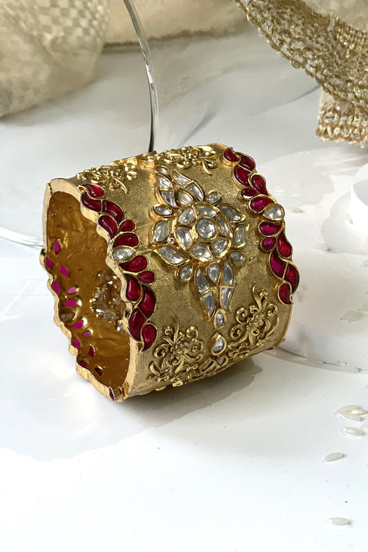 Gold Finish Kundan Polki & Red Stone Bangle