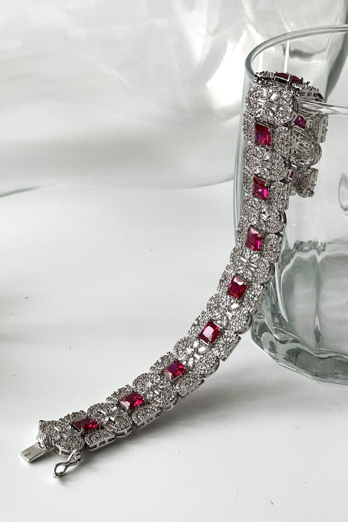 White Finish Zircon & Pink Stone Bracelet