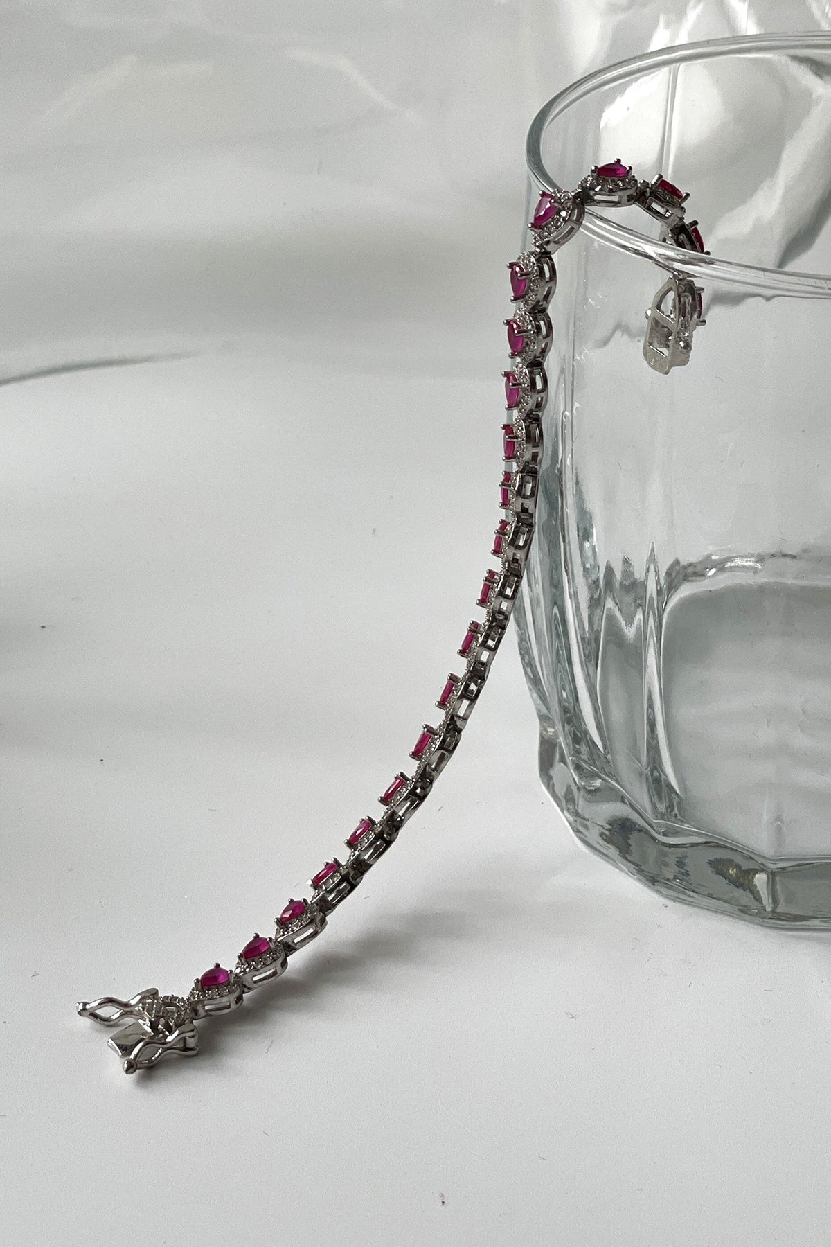 White Finish Pink Zircon & Tear Drop Bracelet