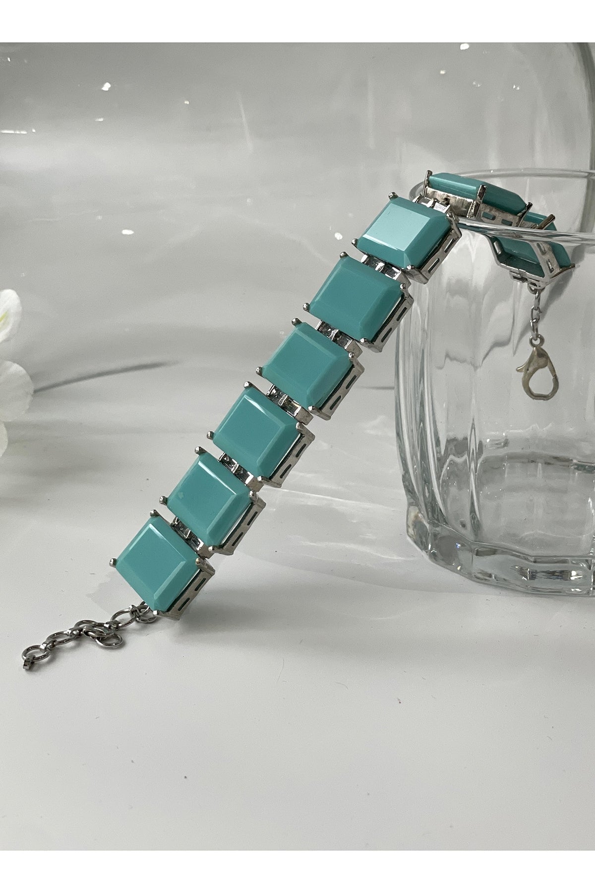 White Finish Turquoise Stone Doublet Bracelet