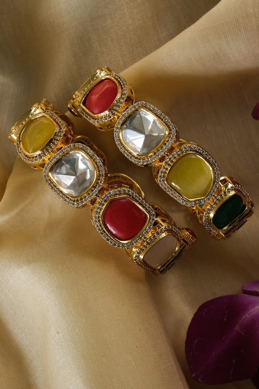 Gold Finish Kundan Polki & Navratna Stone Bangles (Set of 2)