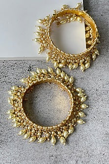 Gold Finish Kundan Polki & Pearl Bangles (Set of 2)