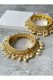 Gold Finish Kundan Polki & Pearl Bangles (Set of 2)