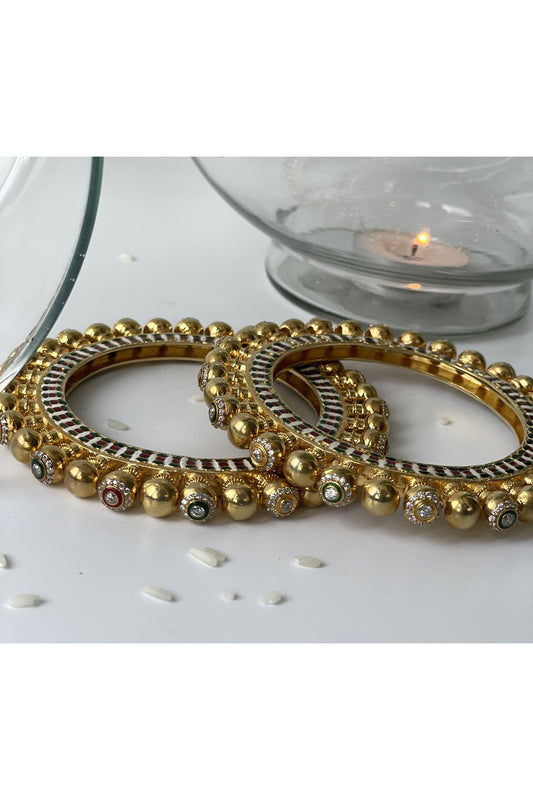 Gold Finish Kundan Polki Meenakari Bangles (Set of 2)