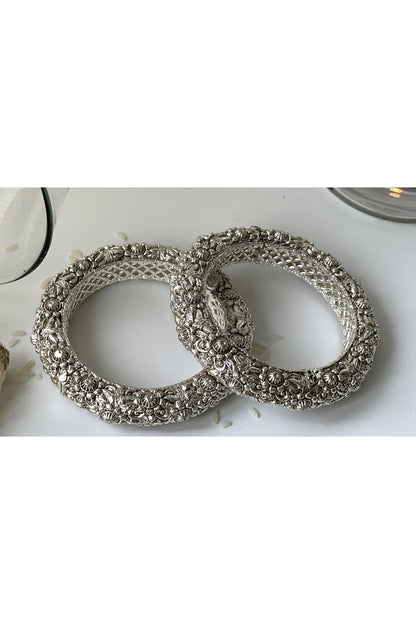 White Finish Oxidized Openable Bangles (Set of 2)