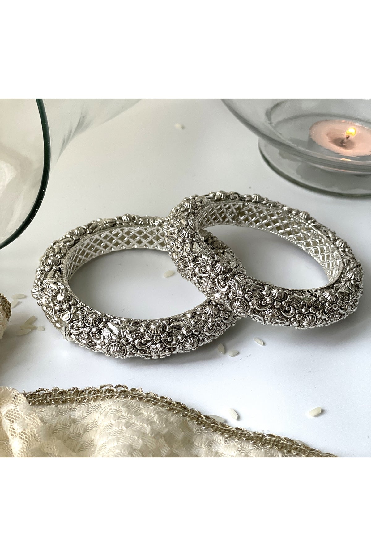 White Finish Oxidized Openable Bangles (Set of 2)