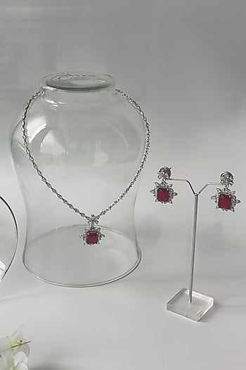 White Finish Zircon & Red Stone Long Necklace Set