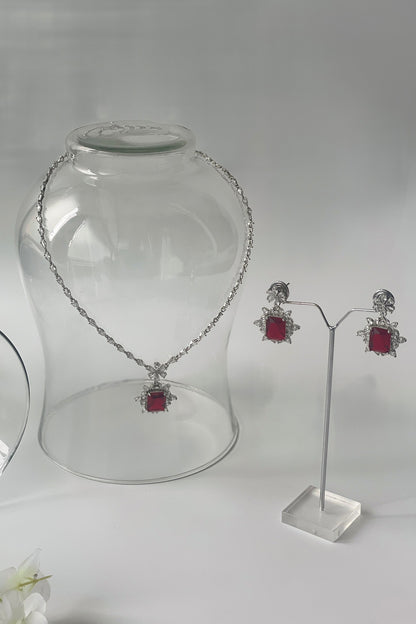 White Finish Zircon & Red Stone Long Necklace Set