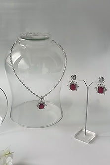 White Finish Zircon & Red Stone Long Necklace Set