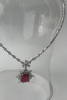 White Finish Zircon & Red Stone Long Necklace Set