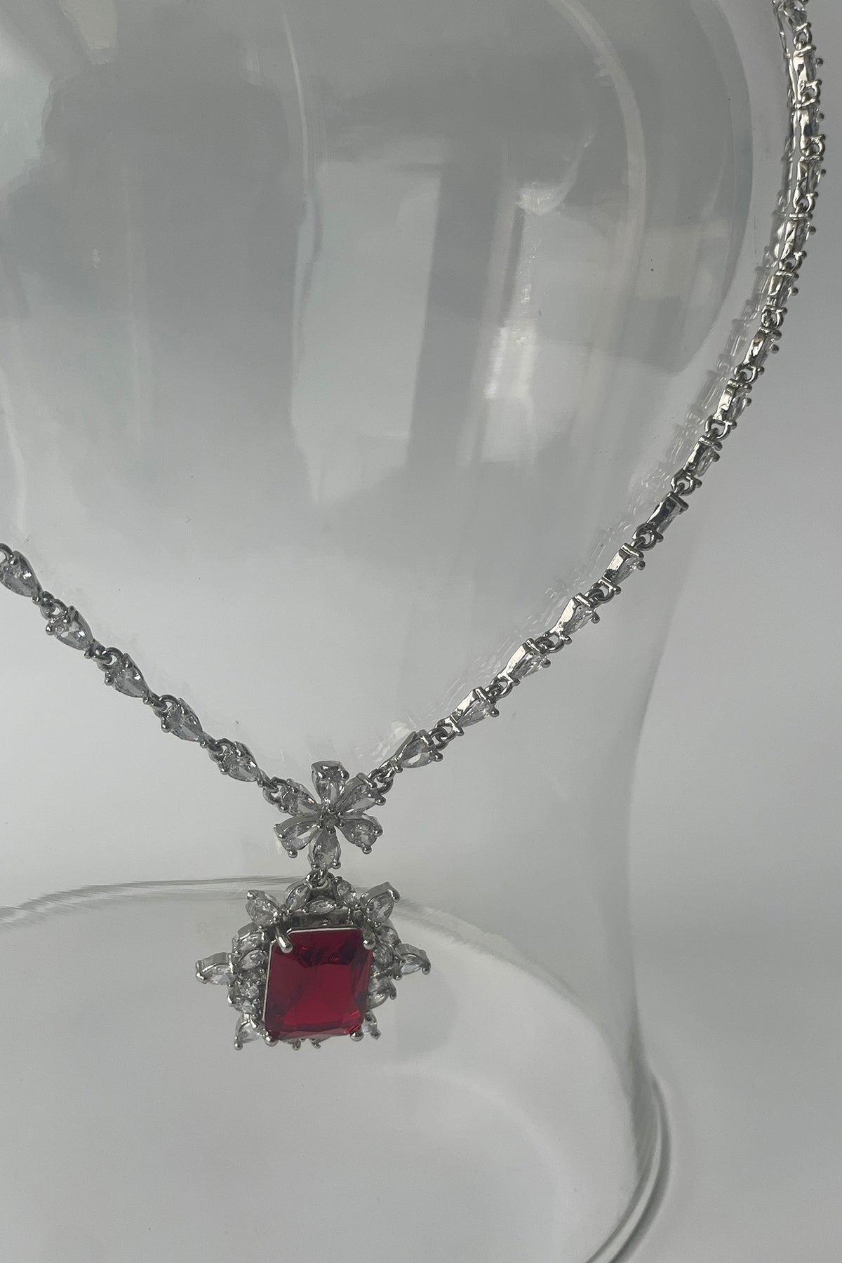 White Finish Zircon & Red Stone Long Necklace Set