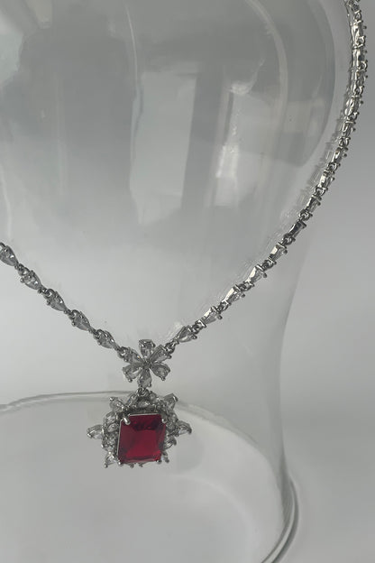 White Finish Zircon & Red Stone Long Necklace Set