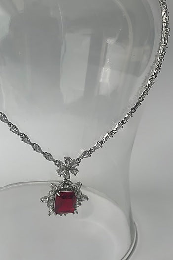 White Finish Zircon & Red Stone Long Necklace Set