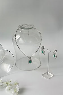White Finish Zircon & Green Stone Long Necklace Set