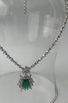 White Finish Zircon & Green Stone Long Necklace Set