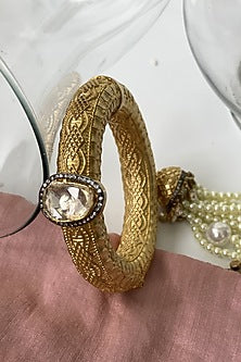 Gold Finish Kundan Polki & Pearl Tassel Openable Bangle