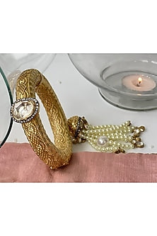Gold Finish Kundan Polki & Pearl Tassel Openable Bangle
