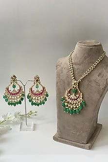 Gold Finish Kundan Polki & Green Beaded Long Necklace Set