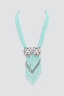 Blue Long Tiger Pendant Beaded Necklace