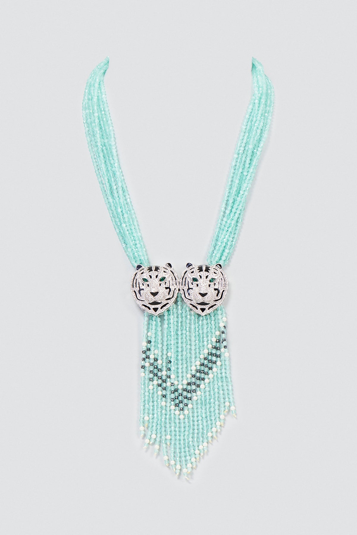 Blue Long Tiger Pendant Beaded Necklace