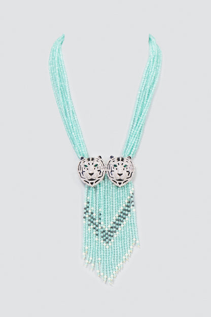 Blue Long Tiger Pendant Beaded Necklace