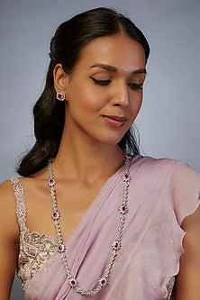 White Finish Victorian Zircon & Ruby Long Necklace Set