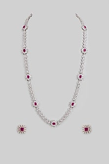 White Finish Victorian Zircon & Ruby Long Necklace Set