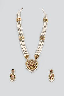 Gold Finish Kundan Polki & Pearl Long Necklace Set