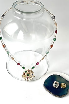 Gold Finish Kundan Polki & Navratna Stone Long Necklace Set
