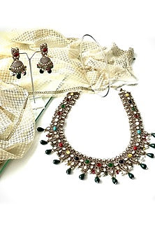Black Rhodium Finish Kundan Polki & Multi-Colored Stone Long Necklace Set