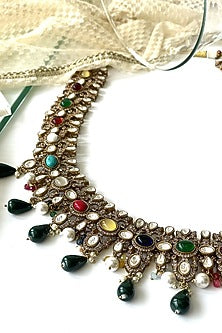 Black Rhodium Finish Kundan Polki & Multi-Colored Stone Long Necklace Set