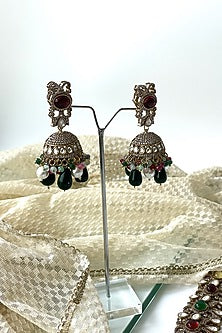 Black Rhodium Finish Kundan Polki & Multi-Colored Stone Long Necklace Set