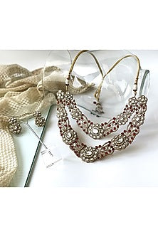 Gold Finish Kundan Polki & Red Stone Long Necklace Set