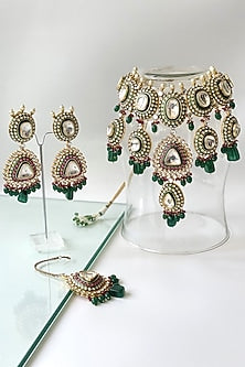Gold Finish Kundan Polki & Green Beaded Choker Necklace Set