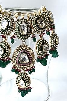 Gold Finish Kundan Polki & Green Beaded Choker Necklace Set