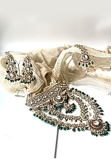 Antique Gold Finish Kundan Polki & Green Synthetic Stone Long Necklace Set